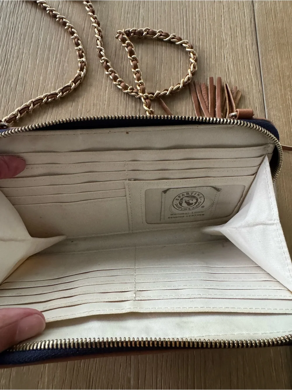 Spartina 449 Tan Leather & Multicolor Floral Stripe Crossbody Wallet